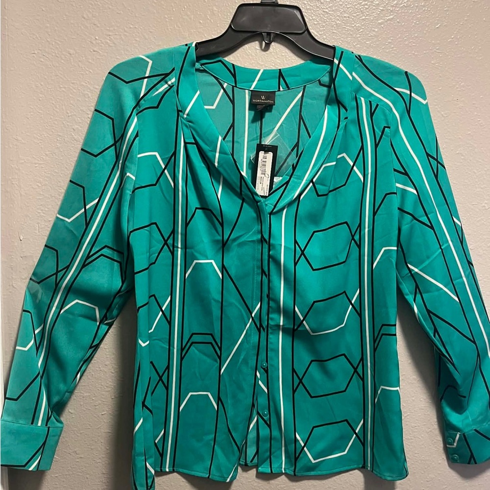 Worthington Peacock Green Aspen Long Sleeve Button Up Blouse Size Medium